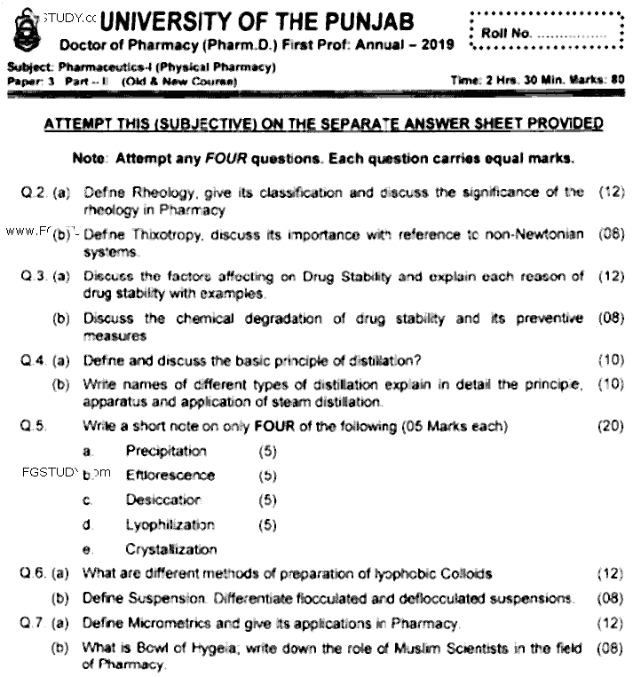Doctor of Pharmacy Pharmaceutics 1 Physical Pharmacy Past Paper 2019 Punjab University Subjective