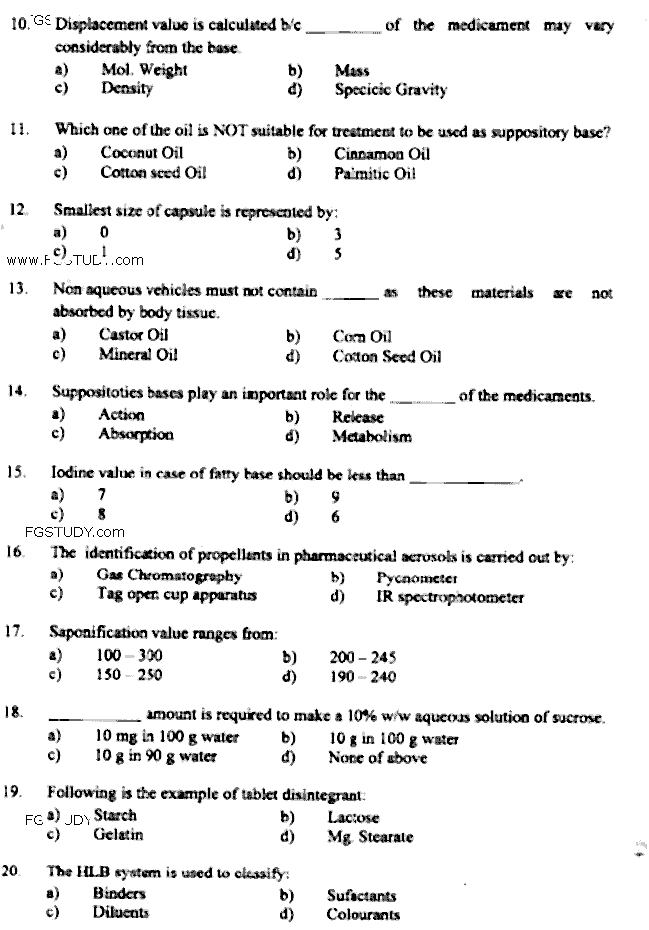 Doctor of Pharmacy Pharmaceutics 2 Dosage Forms Science Past Paper 2018 Punjab University Objective