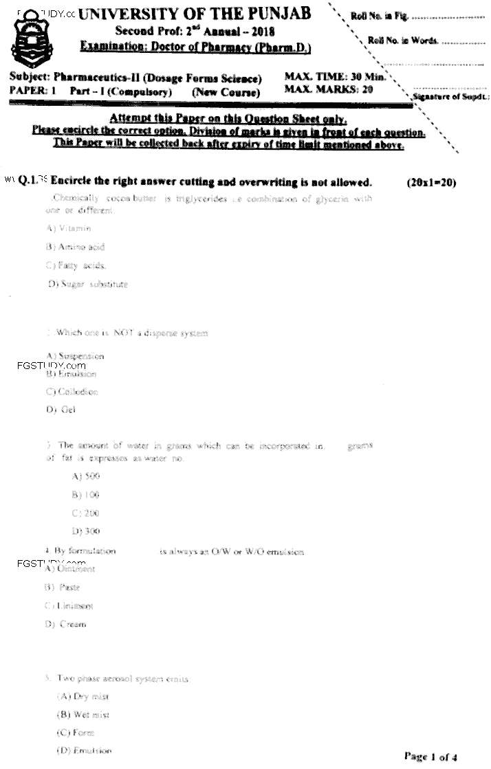 Doctor of Pharmacy Pharmaceutics 2 Dosage Forms Science Past Paper 2018 Punjab University Objective