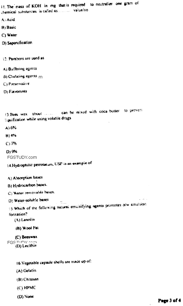 Doctor of Pharmacy Pharmaceutics 2 Dosage Forms Science Past Paper 2018 Punjab University Objective