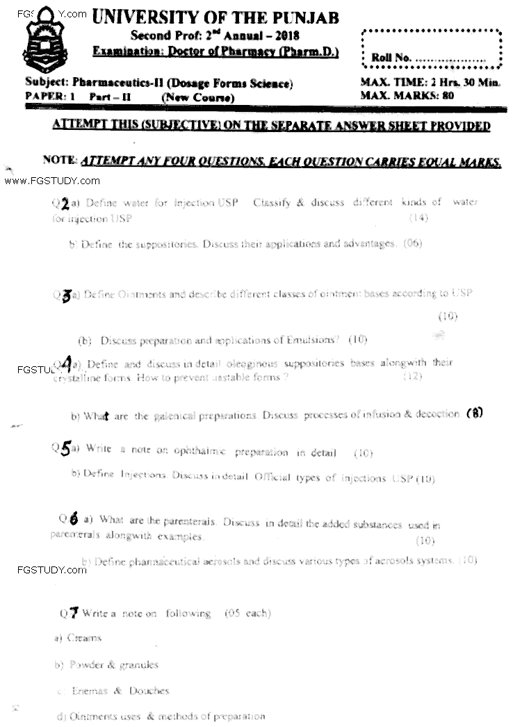 Doctor of Pharmacy Pharmaceutics 2 Dosage Forms Science Past Paper 2018 Punjab University Subjective