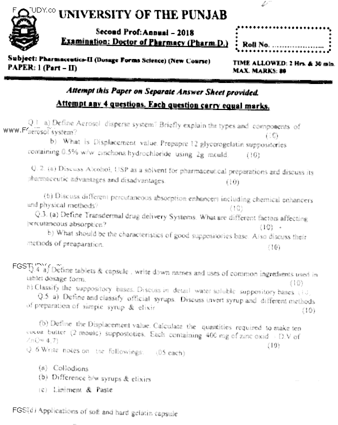 Doctor of Pharmacy Pharmaceutics 2 Dosage Forms Science Past Paper 2018 Punjab University Subjective
