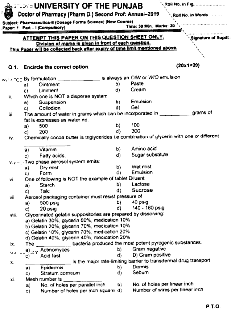 Doctor of Pharmacy Pharmaceutics 2 Dosage Forms Science Past Paper 2019 Punjab University Objective