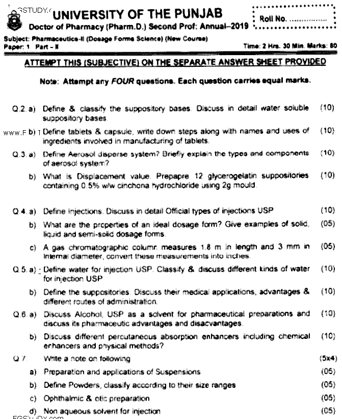 Doctor of Pharmacy Pharmaceutics 2 Dosage Forms Science Past Paper 2019 Punjab University Subjective