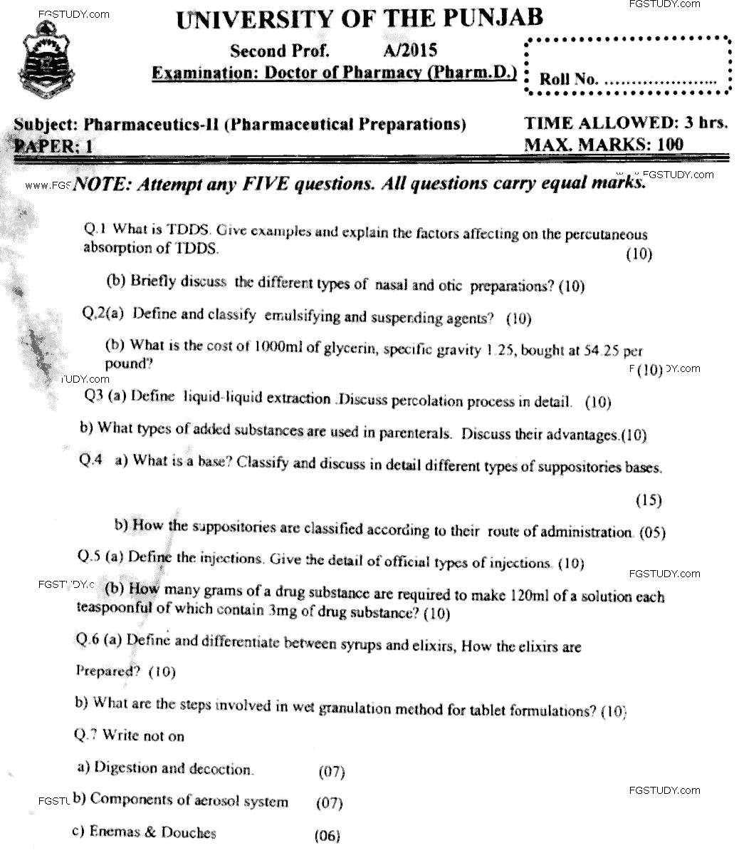 Doctor of Pharmacy Pharmaceutics 2 Pharmaceutical Preparations Past Paper 2015 Punjab University Subjective