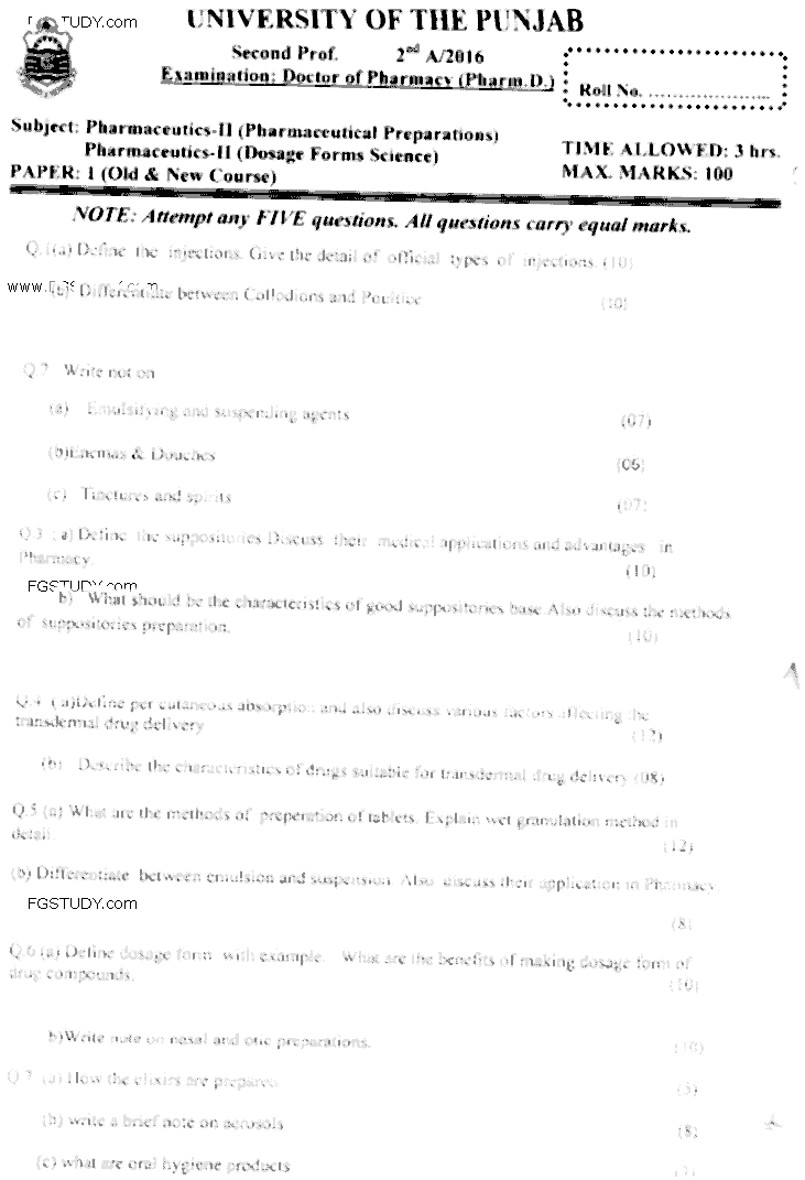 Doctor of Pharmacy Pharmaceutics 2 Pharmaceutical Preparations Past Paper 2016 Punjab University Subjective