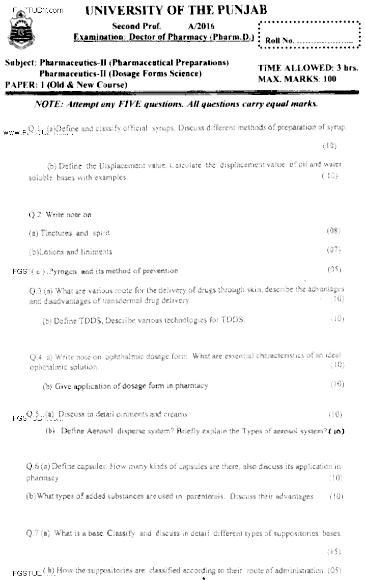 Doctor of Pharmacy Pharmaceutics 2 Pharmaceutical Preparations Past Paper 2016 Punjab University Subjective