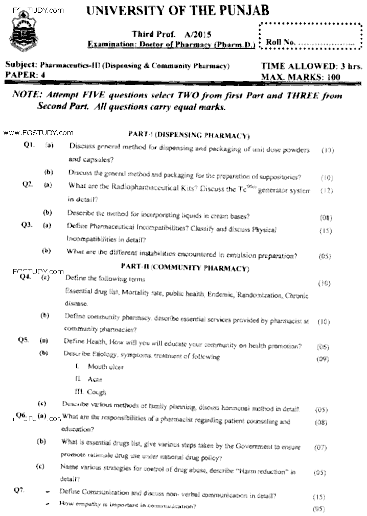 Doctor of Pharmacy Pharmaceutics 3 Dispensing And Community Pharmacy Past Paper 2015 Punjab University Subjective
