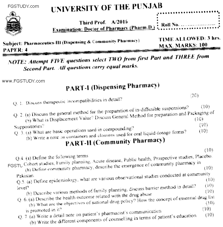 Doctor of Pharmacy Pharmaceutics 3 Dispensing And Community Pharmacy Past Paper 2016 Punjab University Subjective
