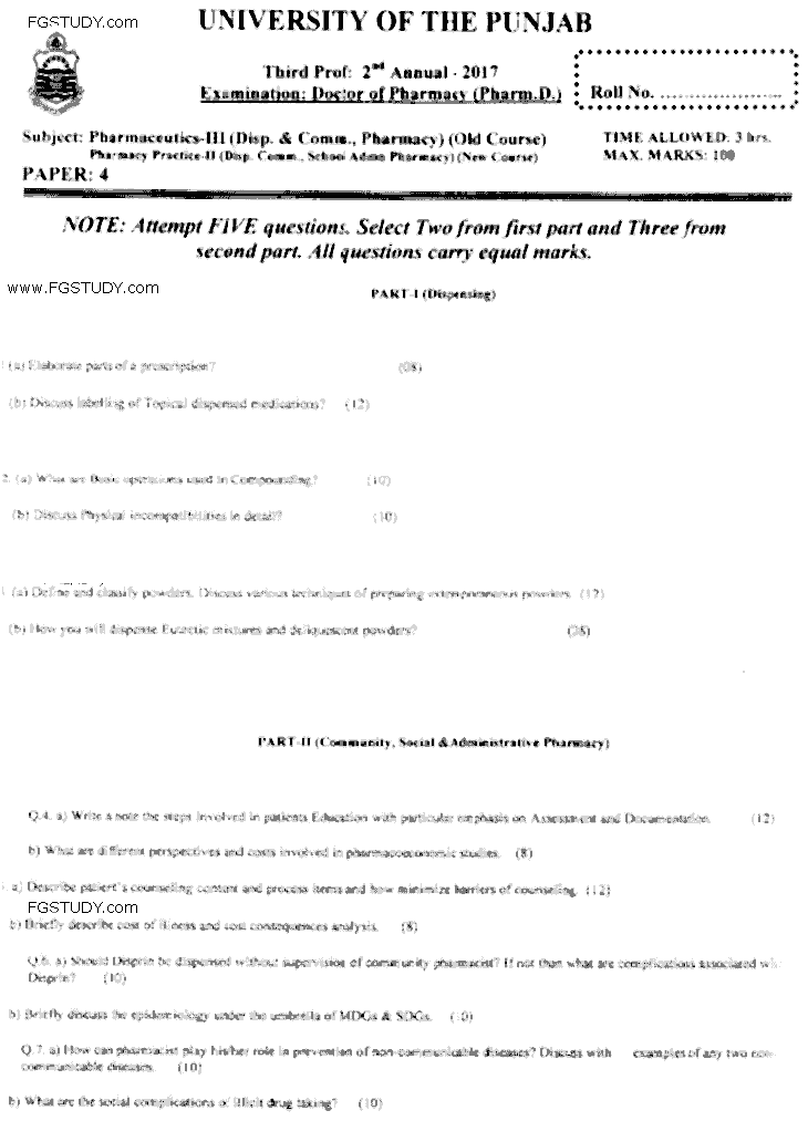 Doctor of Pharmacy Pharmaceutics 3 Dispensing And Community Pharmacy Past Paper 2017 Punjab University Subjective