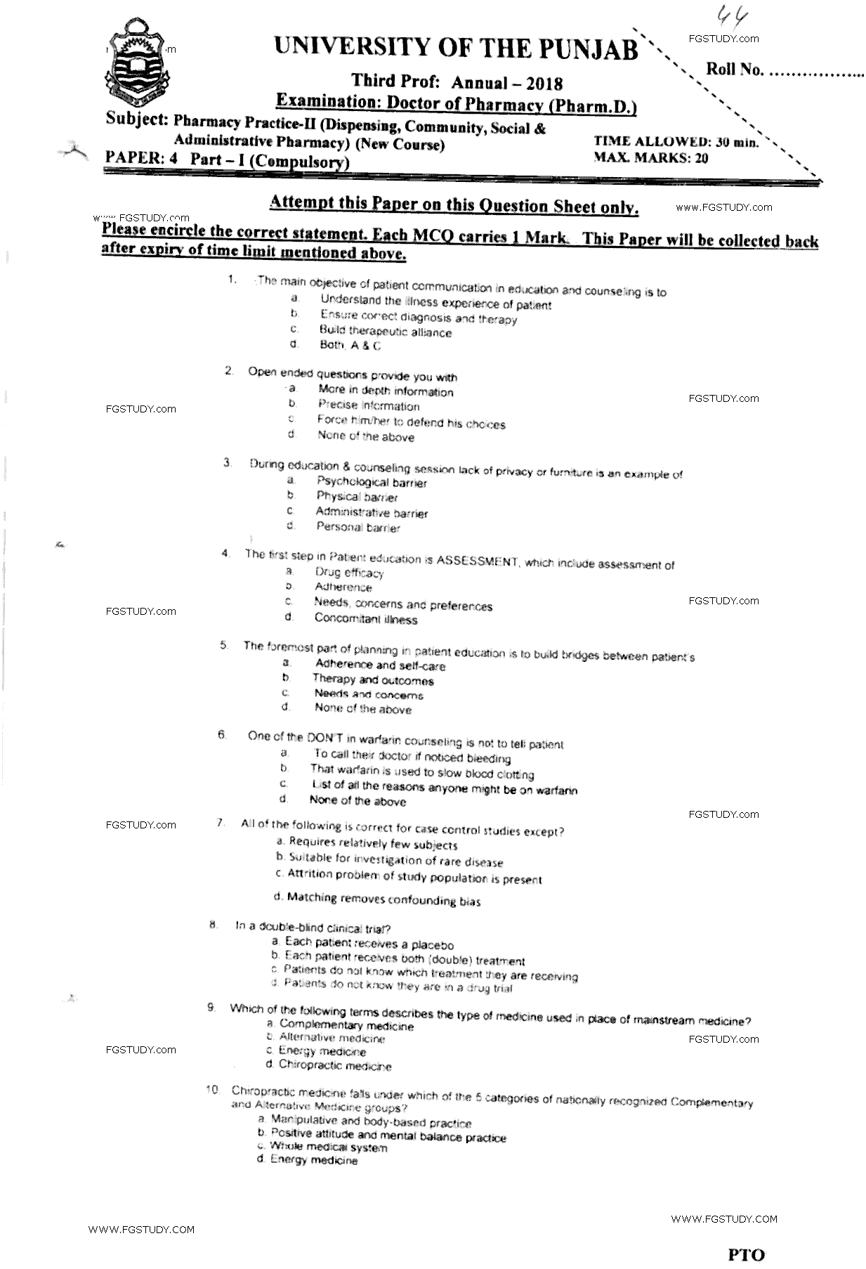 Doctor of Pharmacy Pharmaceutics 3 Dispensing And Community Pharmacy Past Paper 2018 Punjab University Objective
