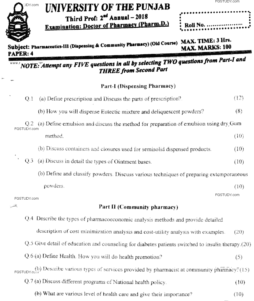 Doctor of Pharmacy Pharmaceutics 3 Dispensing And Community Pharmacy Past Paper 2018 Punjab University Subjective