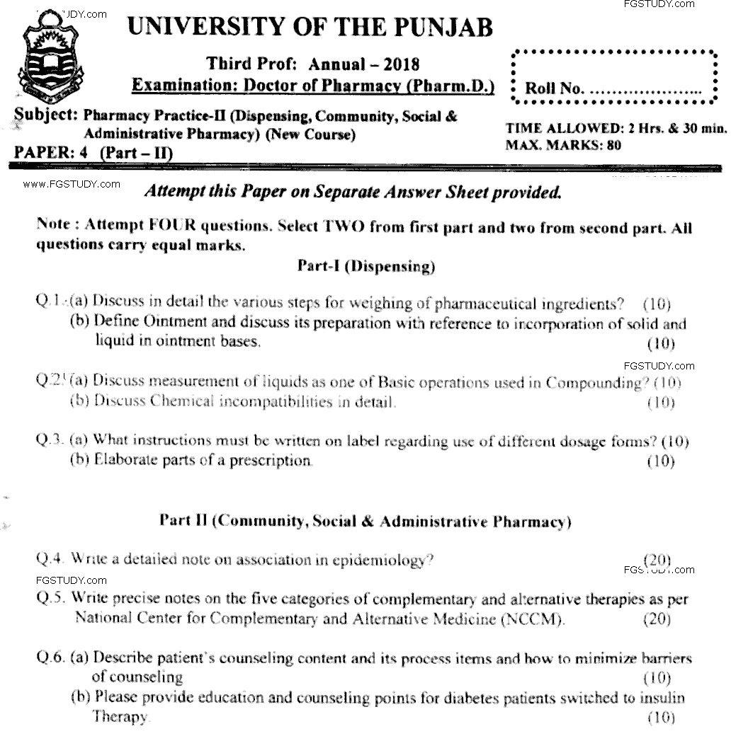 Doctor of Pharmacy Pharmaceutics 3 Dispensing And Community Pharmacy Past Paper 2018 Punjab University Subjective