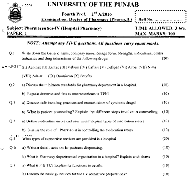 Doctor of Pharmacy Pharmaceutics 4 Hospital Pharmacy Past Paper 2016 Punjab University Subjective