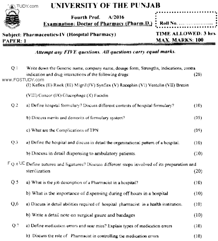 Doctor of Pharmacy Pharmaceutics 4 Hospital Pharmacy Past Paper 2016 Punjab University Subjective