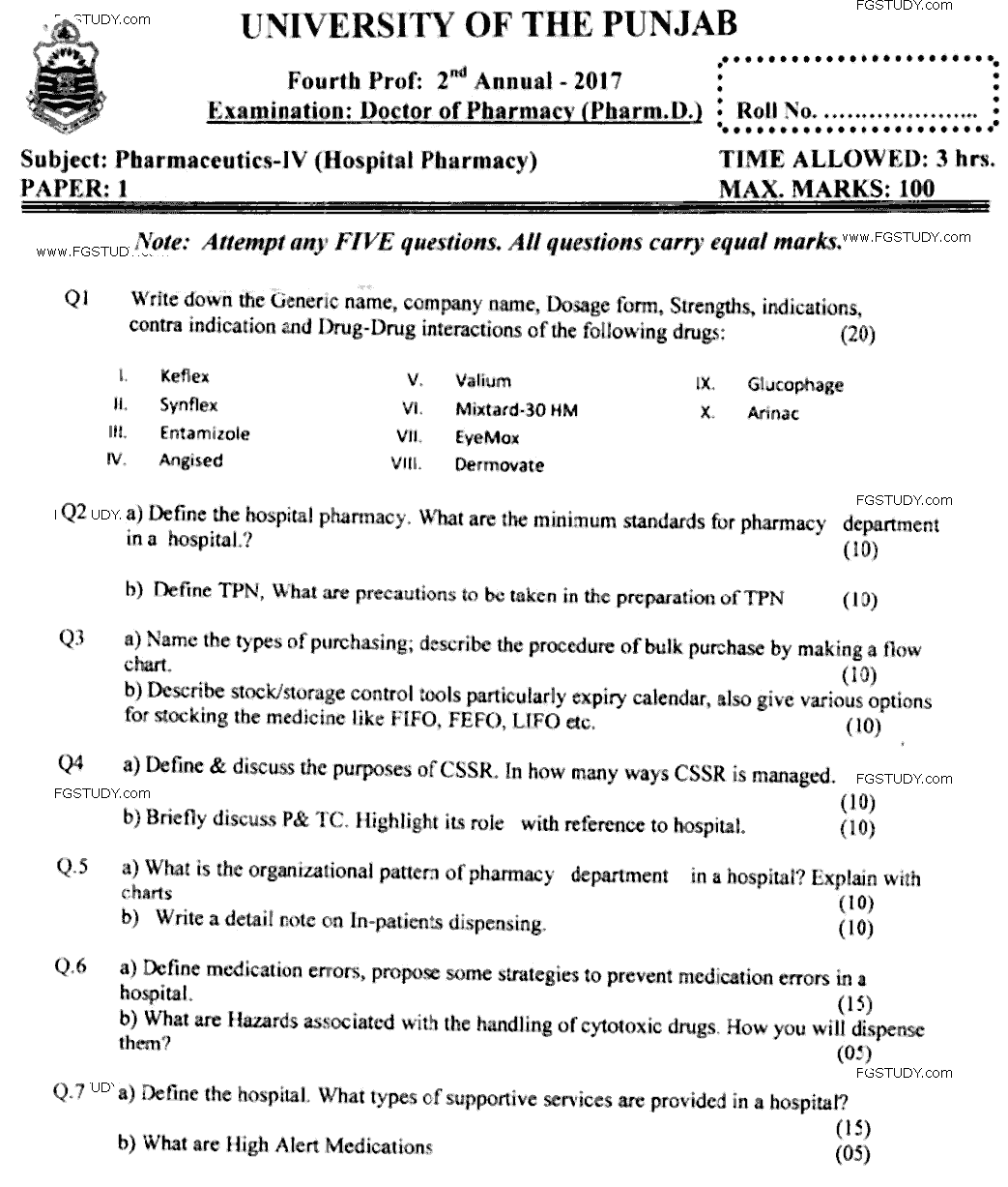 Doctor of Pharmacy Pharmaceutics 4 Hospital Pharmacy Past Paper 2017 Punjab University Subjective
