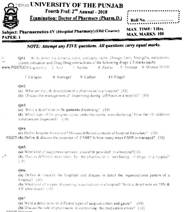 Doctor of Pharmacy Pharmaceutics 4 Hospital Pharmacy Past Paper 2018 Punjab University Subjective