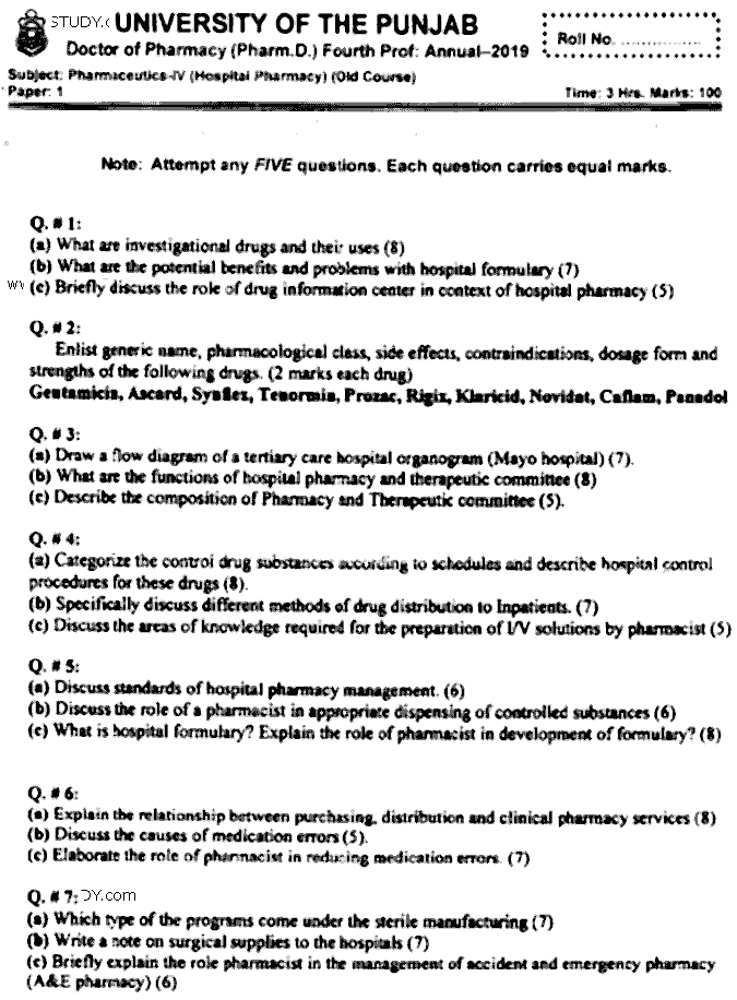 Doctor of Pharmacy Pharmaceutics 4 Hospital Pharmacy Past Paper 2019 Punjab University Subjective
