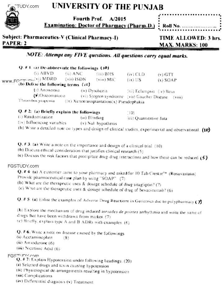 Doctor of Pharmacy Pharmaceutics 5 Clinical Pharmacy 1 Past Paper 2015 Punjab University Subjective
