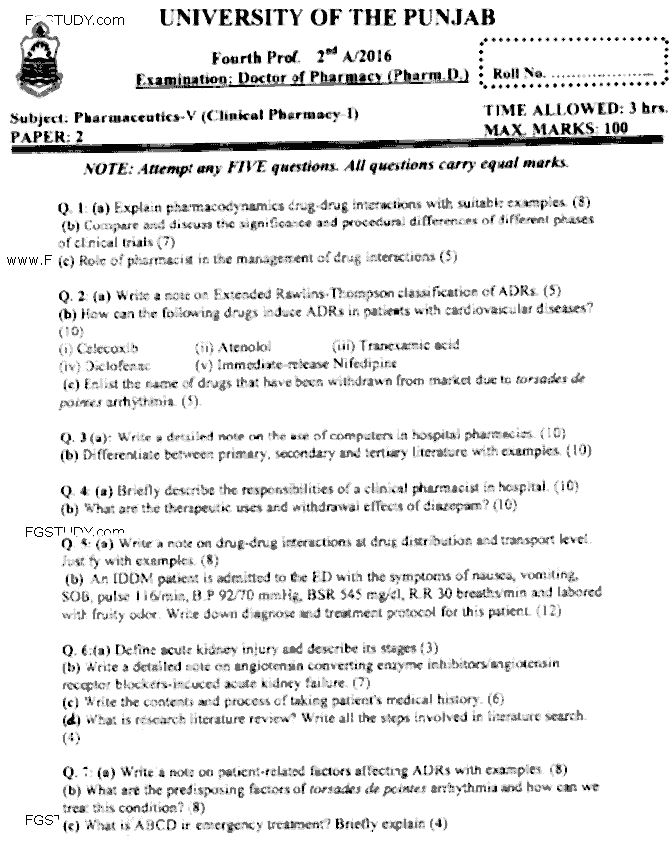 Doctor of Pharmacy Pharmaceutics 5 Clinical Pharmacy 1 Past Paper 2016 Punjab University Subjective