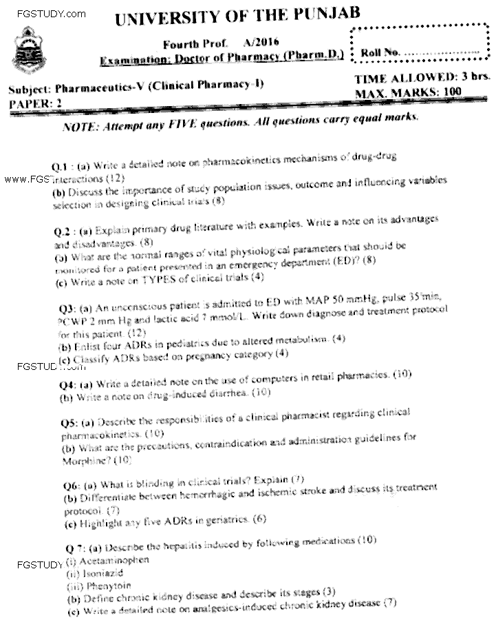 Doctor of Pharmacy Pharmaceutics 5 Clinical Pharmacy 1 Past Paper 2016 Punjab University Subjective