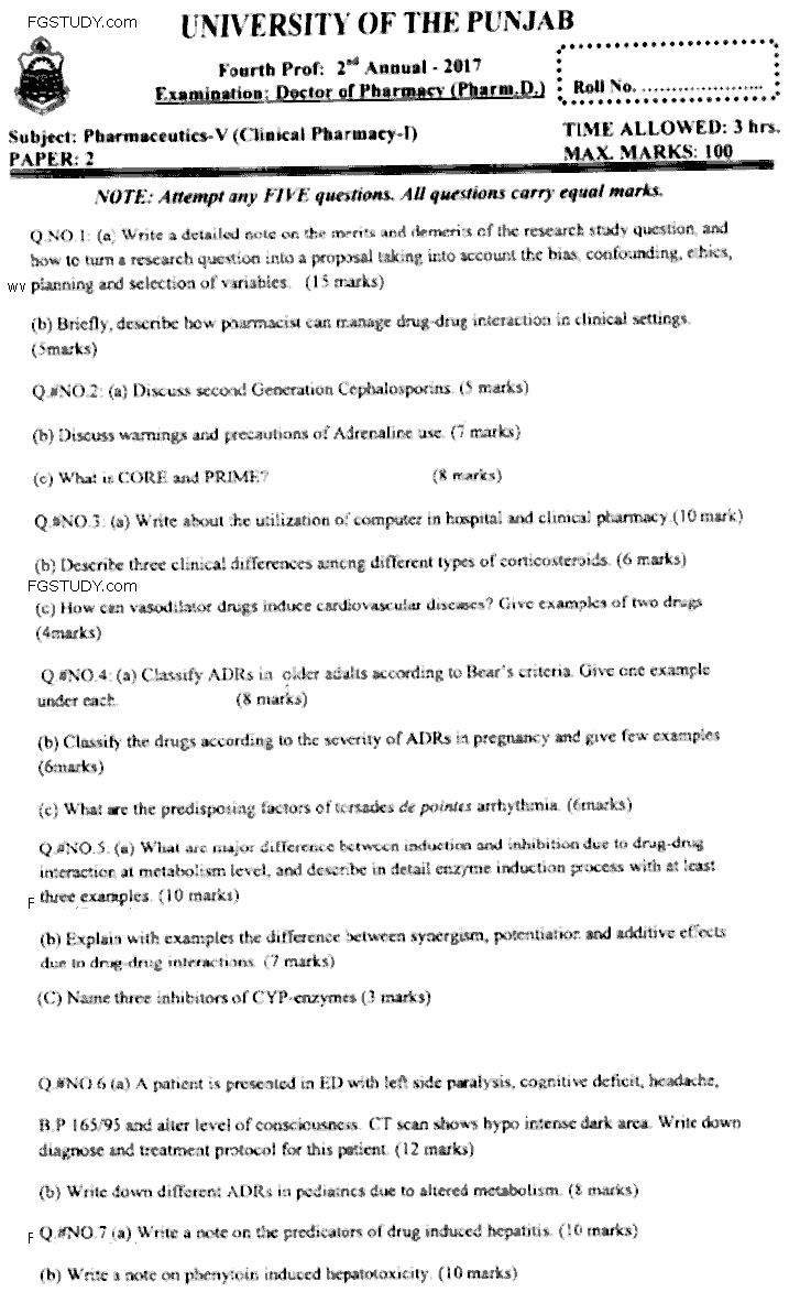 Doctor of Pharmacy Pharmaceutics 5 Clinical Pharmacy 1 Past Paper 2017 Punjab University Subjective