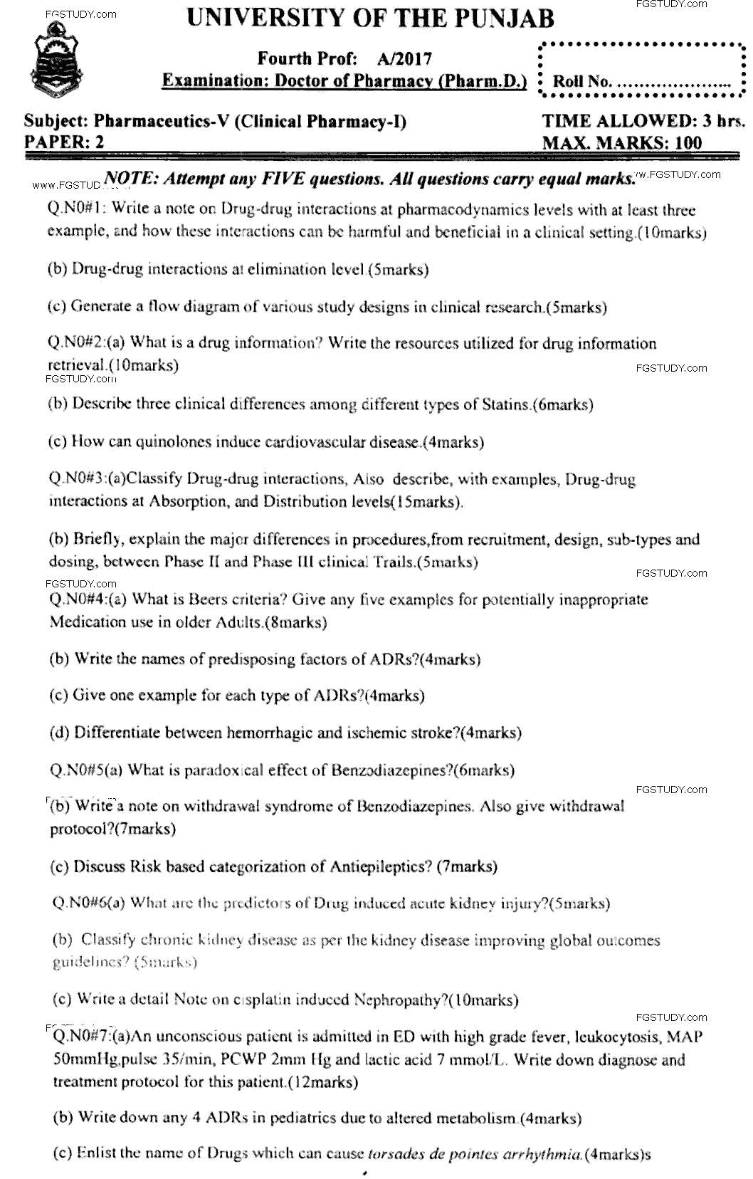 Doctor of Pharmacy Pharmaceutics 5 Clinical Pharmacy 1 Past Paper 2017 Punjab University Subjective