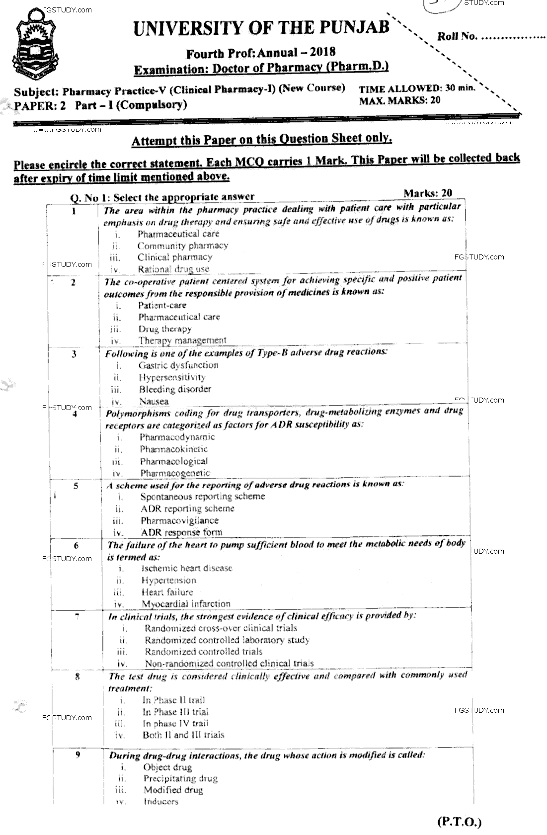 Doctor of Pharmacy Pharmaceutics 5 Clinical Pharmacy 1 Past Paper 2018 Punjab University Objective