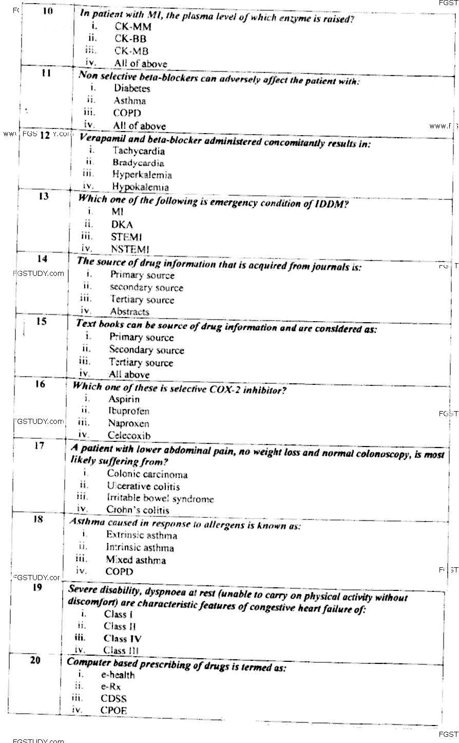 Doctor of Pharmacy Pharmaceutics 5 Clinical Pharmacy 1 Past Paper 2018 Punjab University Objective