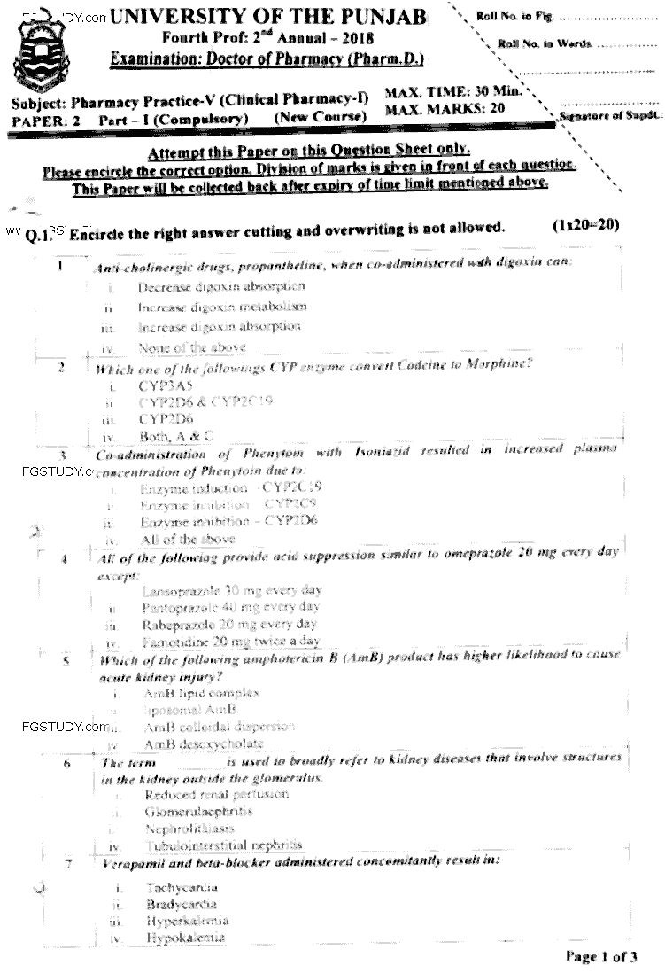 Doctor of Pharmacy Pharmaceutics 5 Clinical Pharmacy 1 Past Paper 2018 Punjab University Objective
