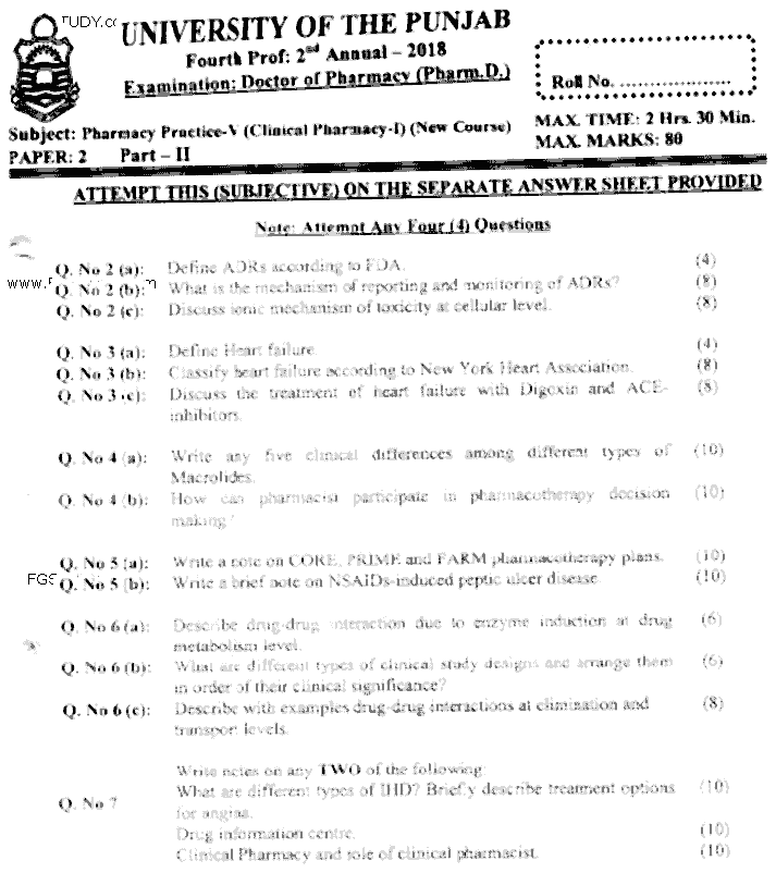 Doctor of Pharmacy Pharmaceutics 5 Clinical Pharmacy 1 Past Paper 2018 Punjab University Subjective