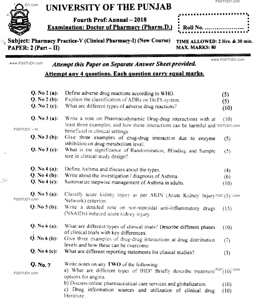 Doctor of Pharmacy Pharmaceutics 5 Clinical Pharmacy 1 Past Paper 2018 Punjab University Subjective
