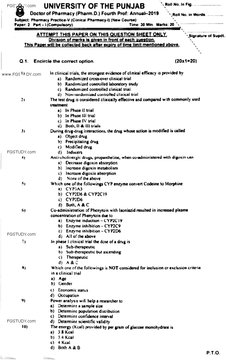 Doctor of Pharmacy Pharmaceutics 5 Clinical Pharmacy 1 Past Paper 2019 Punjab University Objective