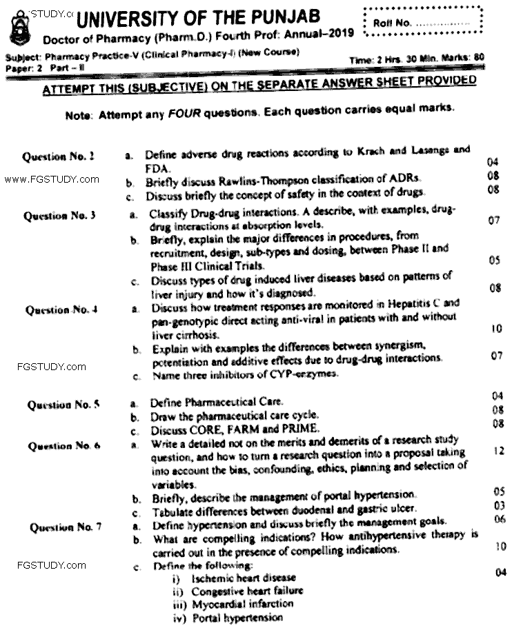 Doctor of Pharmacy Pharmaceutics 5 Clinical Pharmacy 1 Past Paper 2019 Punjab University Subjective