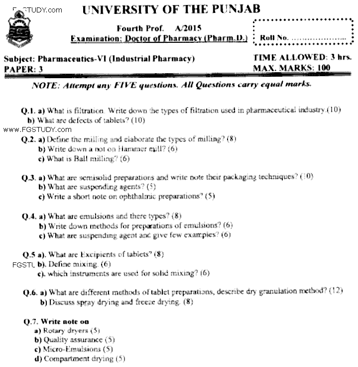 Doctor of Pharmacy Pharmaceutics 6 Industrial Pharmacy Past Paper 2015 Punjab University Subjective