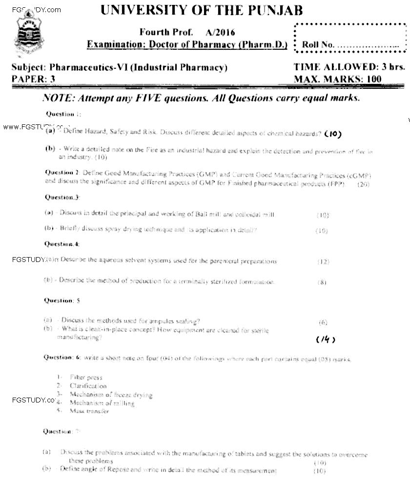 Doctor of Pharmacy Pharmaceutics 6 Industrial Pharmacy Past Paper 2016 Punjab University Subjective