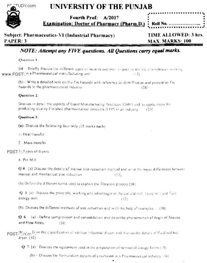Doctor of Pharmacy Pharmaceutics 6 Industrial Pharmacy Past Paper 2017 Punjab University Subjective