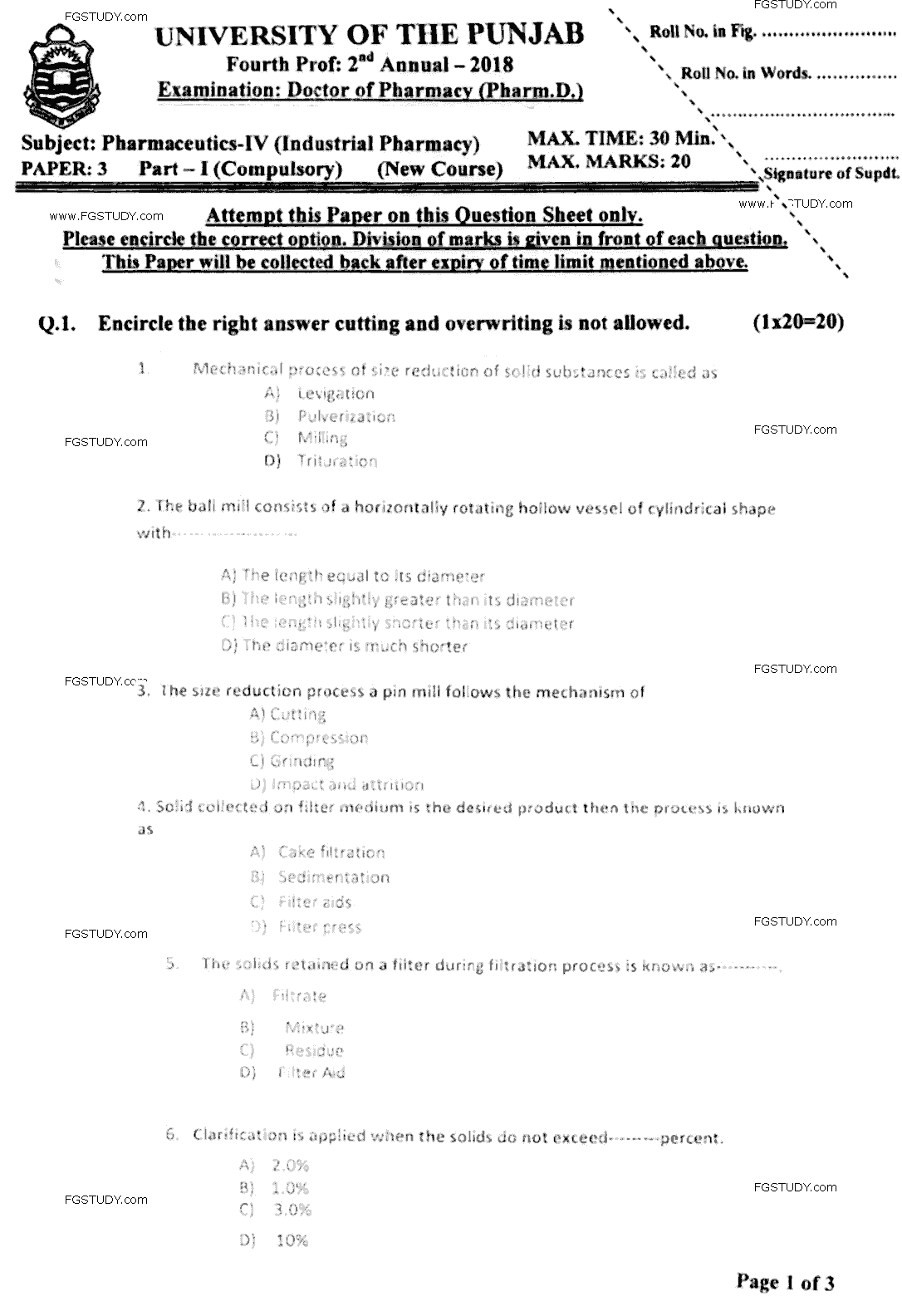 Doctor of Pharmacy Pharmaceutics 6 Industrial Pharmacy Past Paper 2018 Punjab University Objective