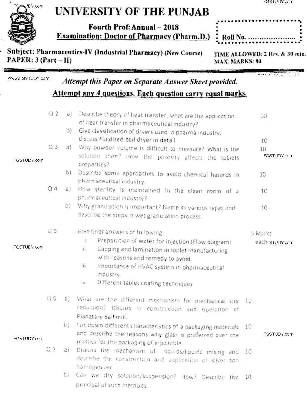 Doctor of Pharmacy Pharmaceutics 6 Industrial Pharmacy Past Paper 2018 Punjab University Subjective
