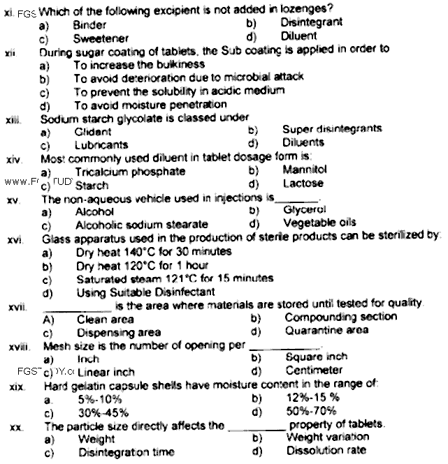 Doctor of Pharmacy Pharmaceutics 6 Industrial Pharmacy Past Paper 2019 Punjab University Objective