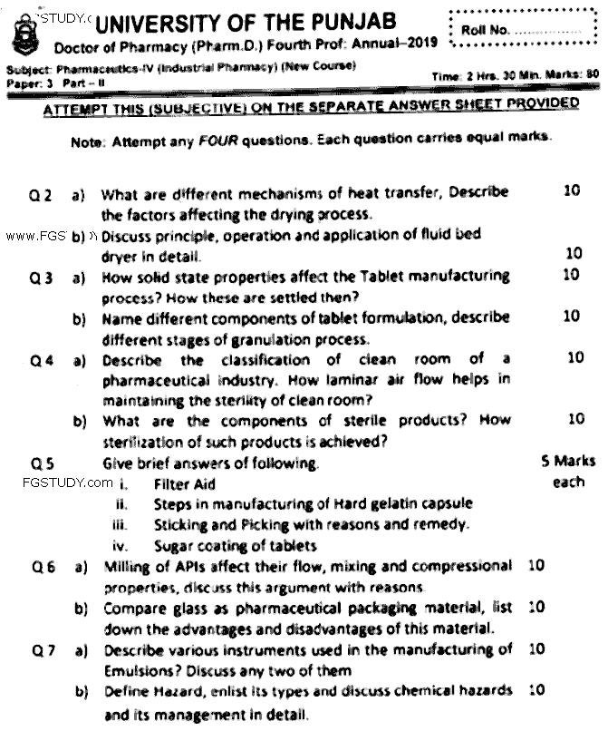 Doctor of Pharmacy Pharmaceutics 6 Industrial Pharmacy Past Paper 2019 Punjab University Subjective