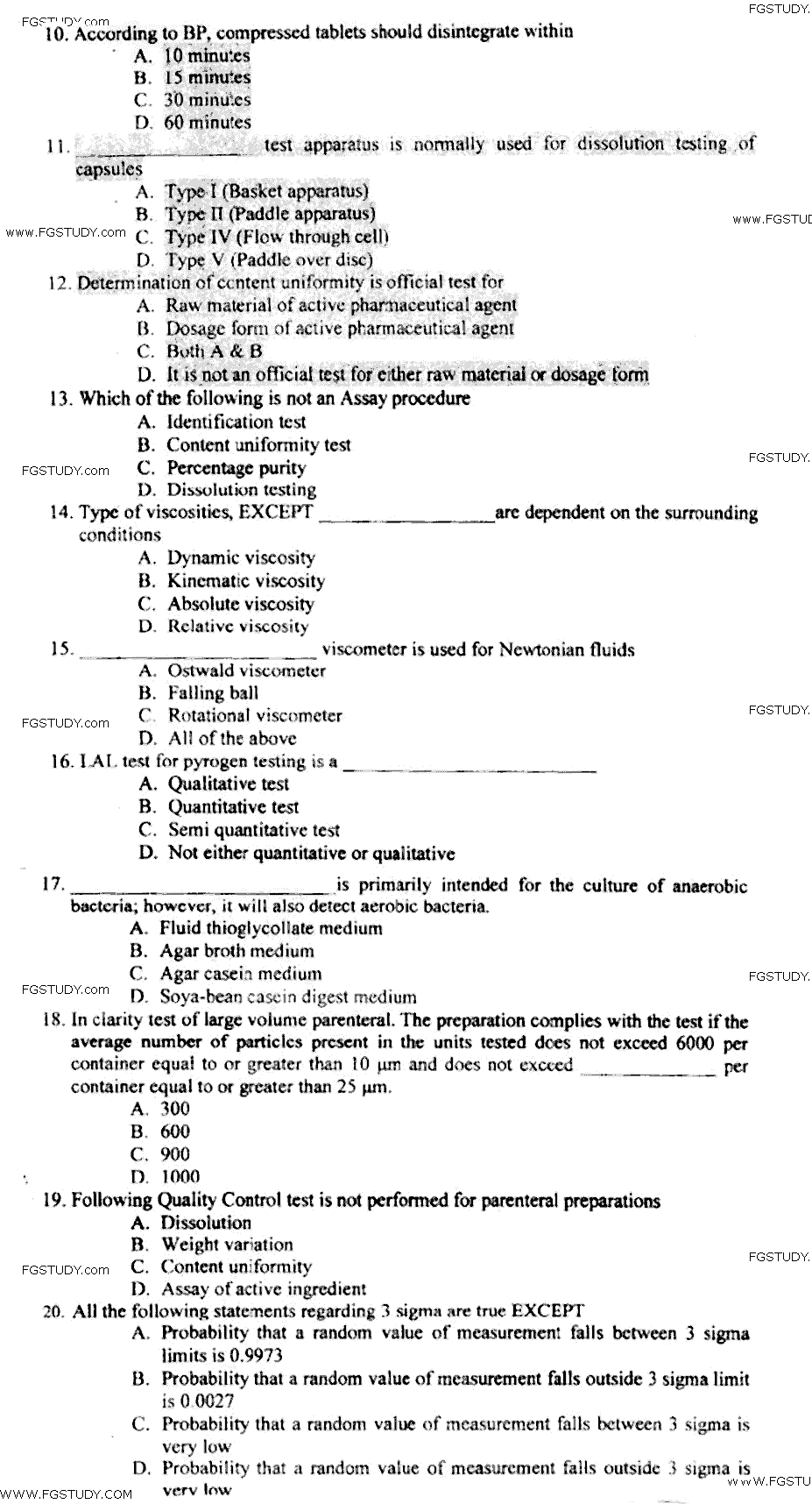 Doctor of Pharmacy Pharmaceutics 6 Pharmaceutical Quality Management Past Paper 2018 Punjab University Objective