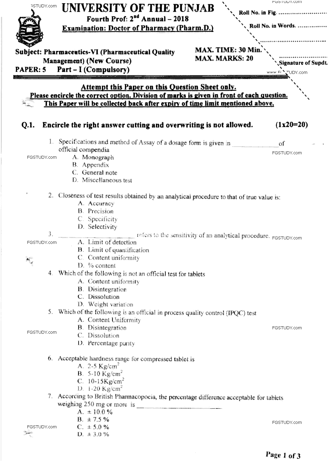 Doctor of Pharmacy Pharmaceutics 6 Pharmaceutical Quality Management Past Paper 2018 Punjab University Objective