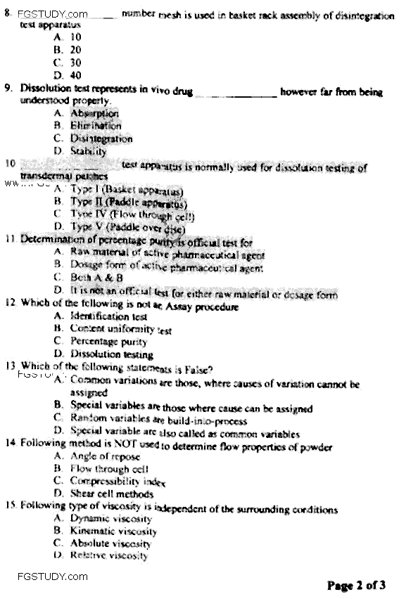 Doctor of Pharmacy Pharmaceutics 6 Pharmaceutical Quality Management Past Paper 2018 Punjab University Objective