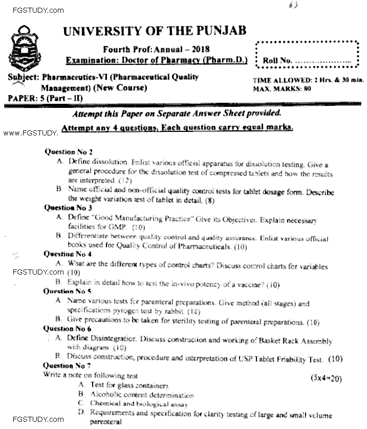 Doctor of Pharmacy Pharmaceutics 6 Pharmaceutical Quality Management Past Paper 2018 Punjab University Subjective