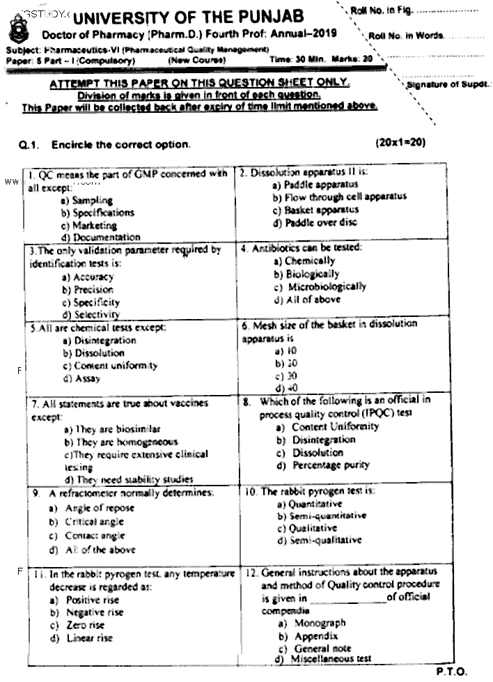Doctor of Pharmacy Pharmaceutics 6 Pharmaceutical Quality Management Past Paper 2019 Punjab University Objective