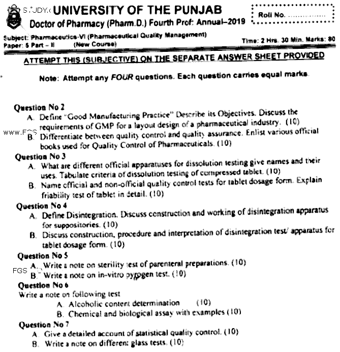 Doctor of Pharmacy Pharmaceutics 6 Pharmaceutical Quality Management Past Paper 2019 Punjab University Subjective
