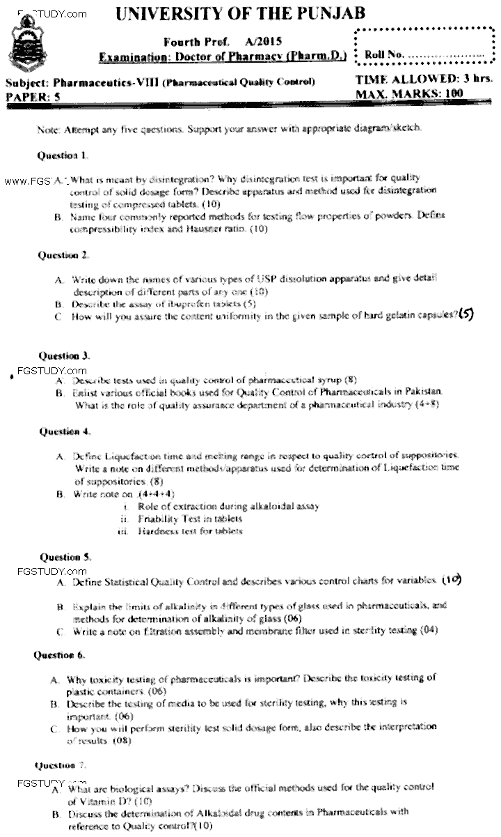 Doctor of Pharmacy Pharmaceutics 8 Pharmaceutical Quality Control Past Paper 2015 Punjab University Subjective