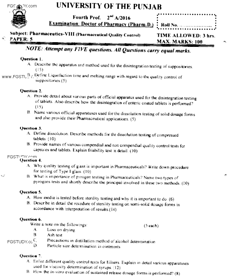 Doctor of Pharmacy Pharmaceutics 8 Pharmaceutical Quality Control Past Paper 2016 Punjab University Subjective