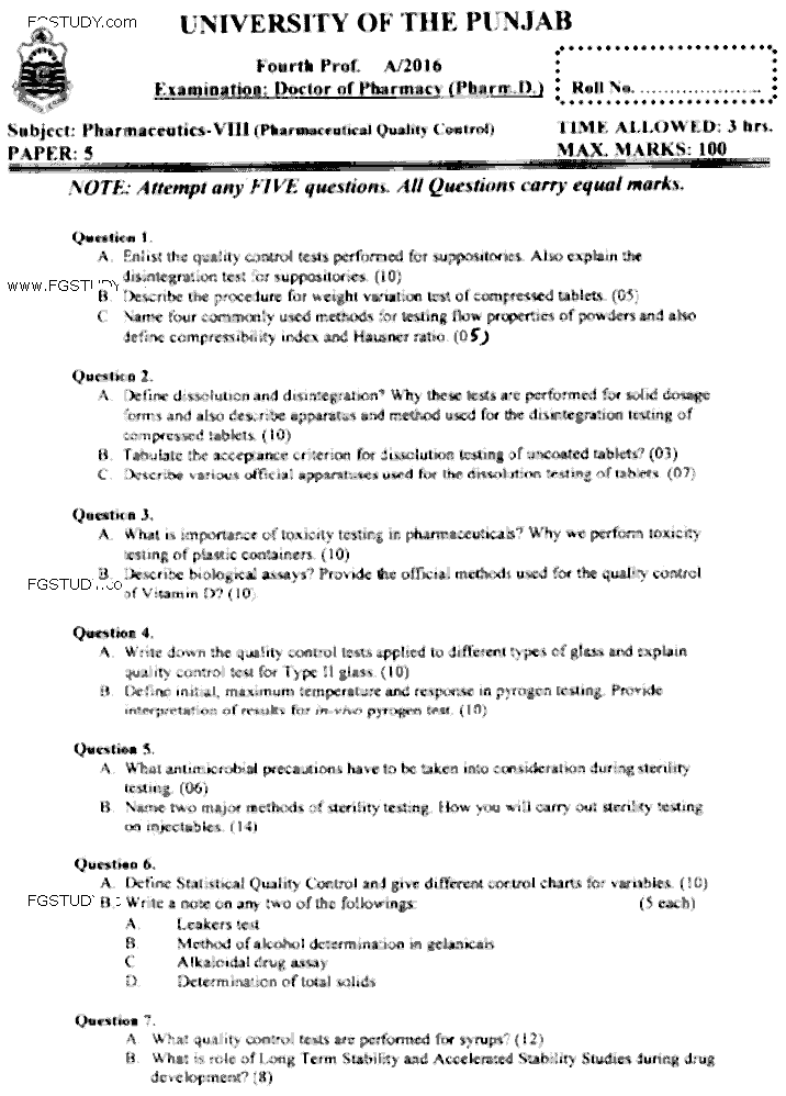 Doctor of Pharmacy Pharmaceutics 8 Pharmaceutical Quality Control Past Paper 2016 Punjab University Subjective